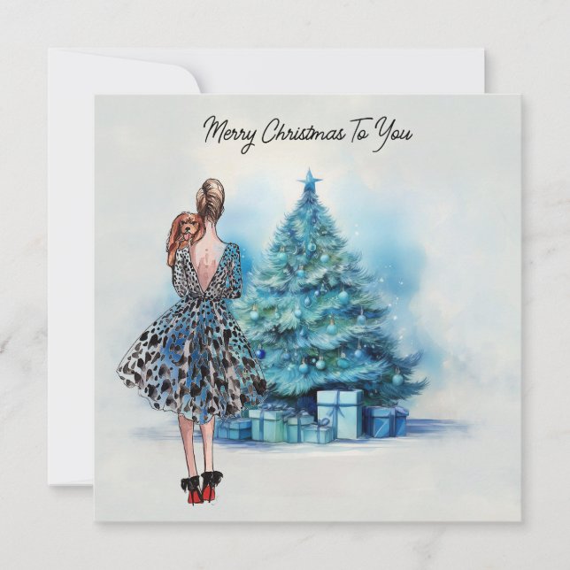 Carte Joyeuse femme de Noël et arbre de Noël bleu (Devant)