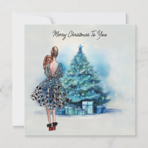 Carte Joyeuse femme de Noël et arbre de Noël bleu