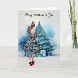 Carte Joyeuse femme de Noël et arbre de Noël bleu