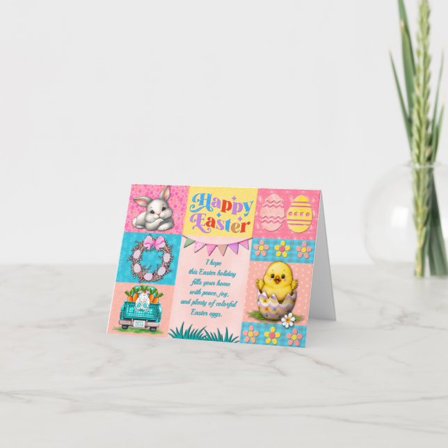 Carte Joyeuse fête de Pâques avec lapin, poussin, oeufs  (Devant)