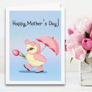 Carte Joyeuse Fête des Mères Bébé Poussin Sous la Pluie