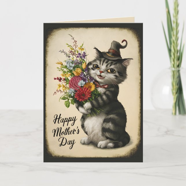 Carte Joyeuse Fête des Mères Chat Vintage Mignon (Devant)