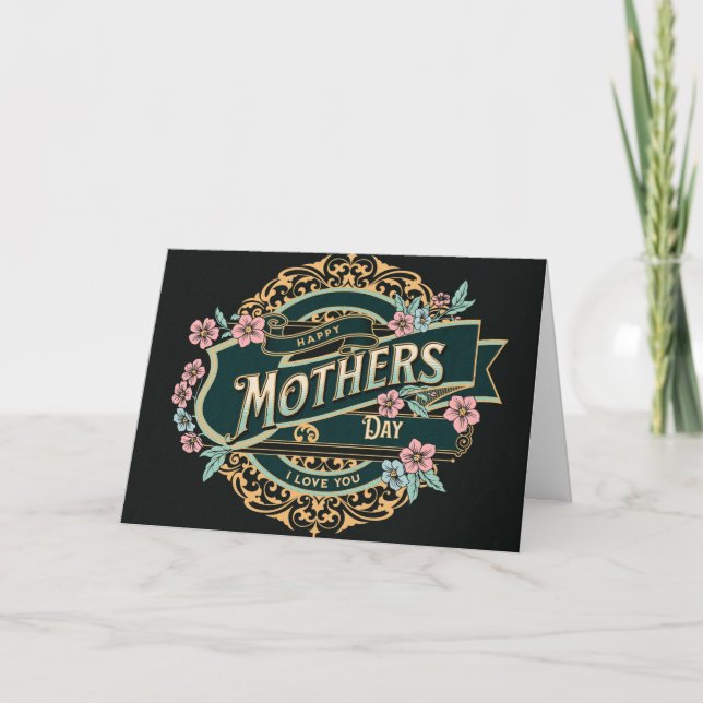 Carte Joyeuse fête des mères Fleurs florales noires et d (Devant)