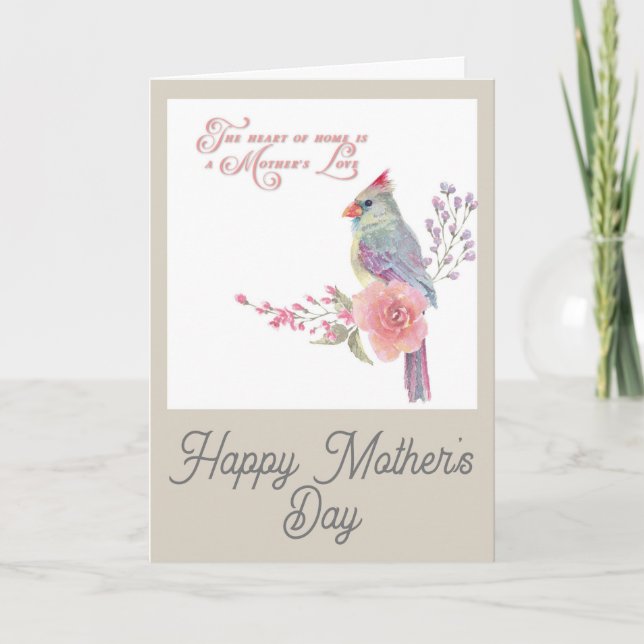 Carte Joyeuse Fête des mères Joli Cardinal Floral (Devant)