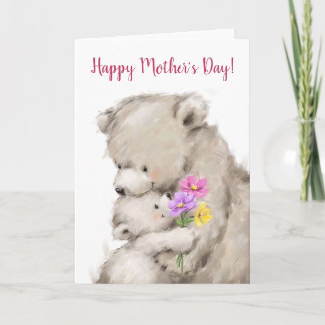 Carte Joyeuse fête des Mères, mère et ourson s'embrassan (Devant)