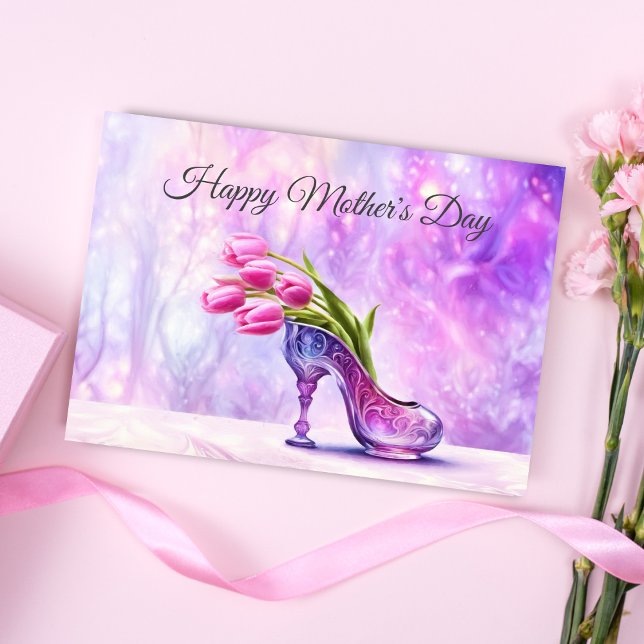 Carte Joyeuse Fête des Mères Tulipes roses en Chaussons  (A beautiful Mother's Day card to make your Mom feel like a Princess! )