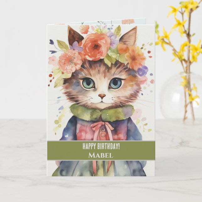 Carte Joyeuse fille anniversaire Tabby Chat larges yeux  (Fleur jaune)
