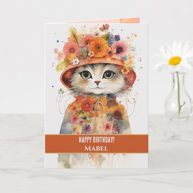 Carte Joyeuse fille d'anniversaire Orange Chat Large yeu (Petite plante)