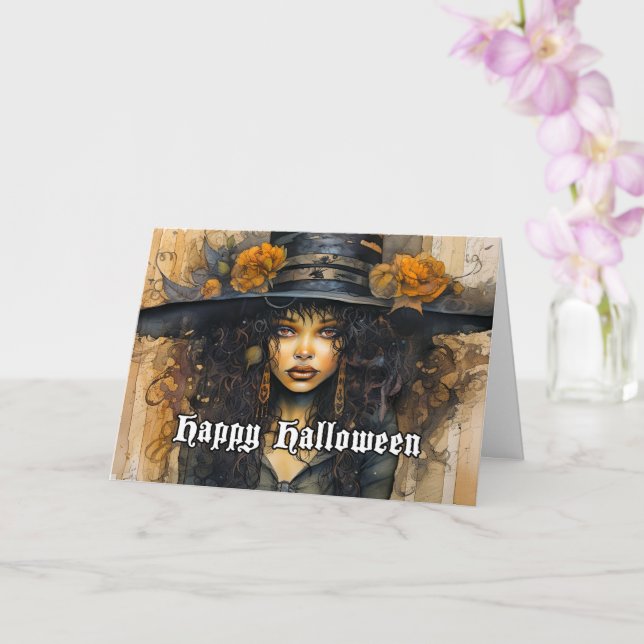 Carte Joyeuse illustration de sorcière vaudou Halloween (Orchidée)