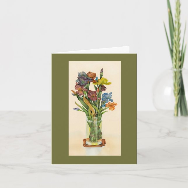 Carte Joyeuse Pâques avec vase de fleurs d'iris (Devant)