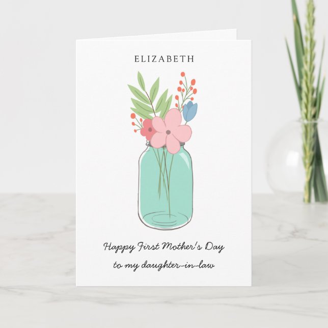 Carte Joyeuse première fête des mères Mason Jar fille en (Devant)