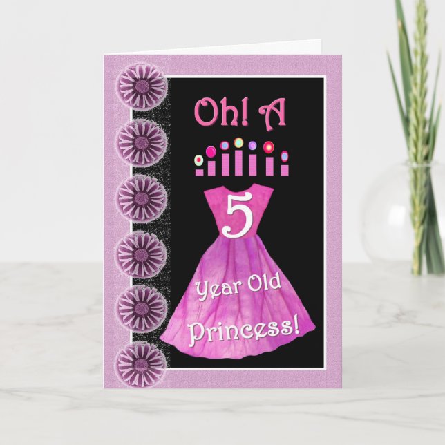 Carte Joyeuse princesse 5e anniversaire - Robe rose et b (Devant)