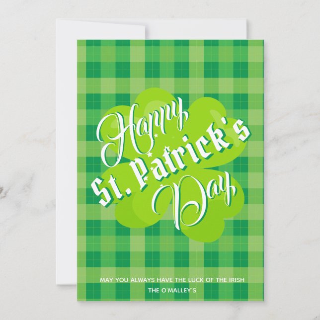 Carte Joyeuse Saint-Patrick Vert Tartan Trèfle Chanceux (Devant)