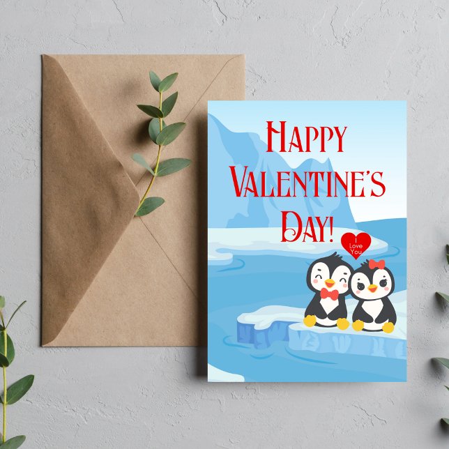 Carte Joyeuse Saint-Valentin au couple de manchots (Happy Valentine's Day Penguin Pair)