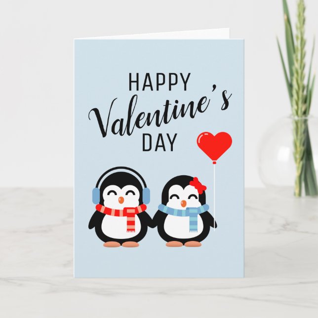 Carte Joyeuse Saint-Valentin | Manchots Mignonnes (Devant)