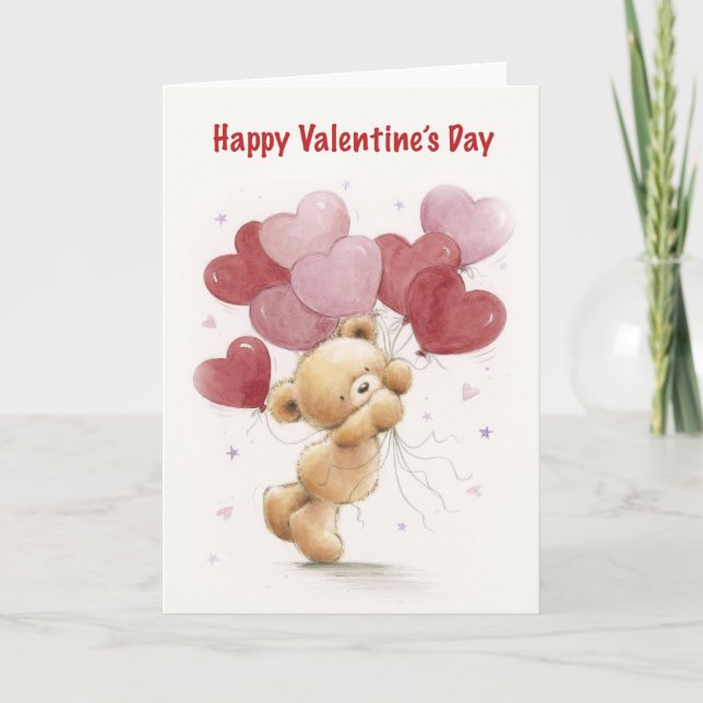 Carte Joyeuse Saint-Valentin, ours mignon tenant des bal (Devant)
