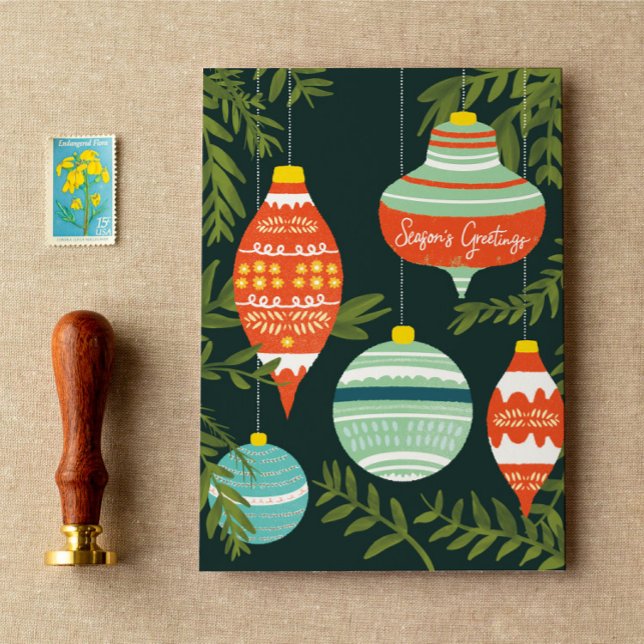 Carte Joyeuses Fêtes des ornements de Noël rétro (Créateur téléchargé)