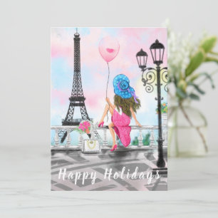 Carte Joyeuses fêtes - i Love Paris - Femme avec ballon