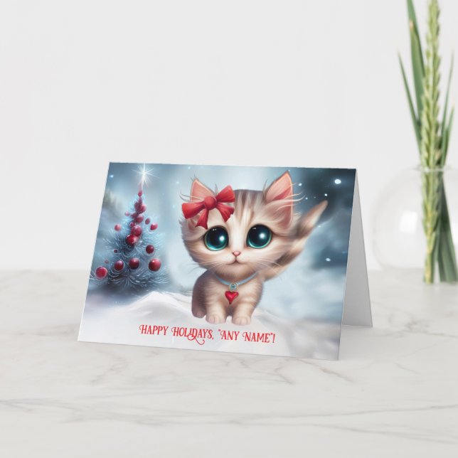 Carte Joyeuses fêtes Nom personnalisé Cute Kitten et Tre (Devant)