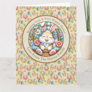 Carte Joyeuses Pâques avec un lapin mignon, des œufs et