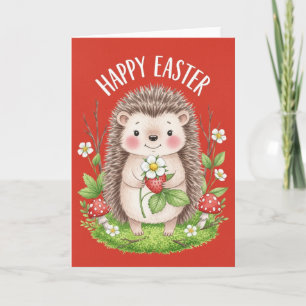 Carte Joyeuses Pâques Hérisson mignon tenant une fraise 
