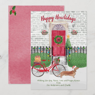 Carte Joyeuses vacances Brown Dachshund Vélo Porte rouge