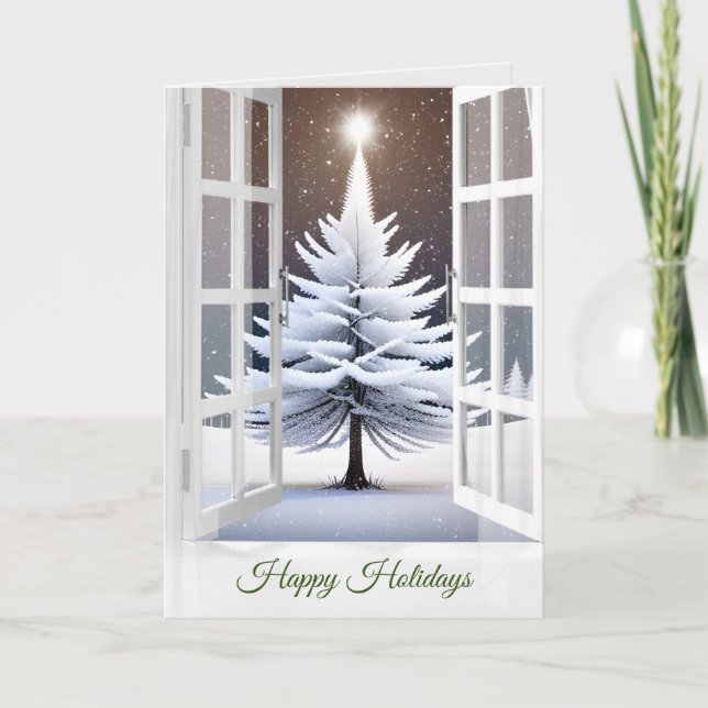 Carte Joyeuses Vacances Pin Neige Dans La Fenêtre (Devant)