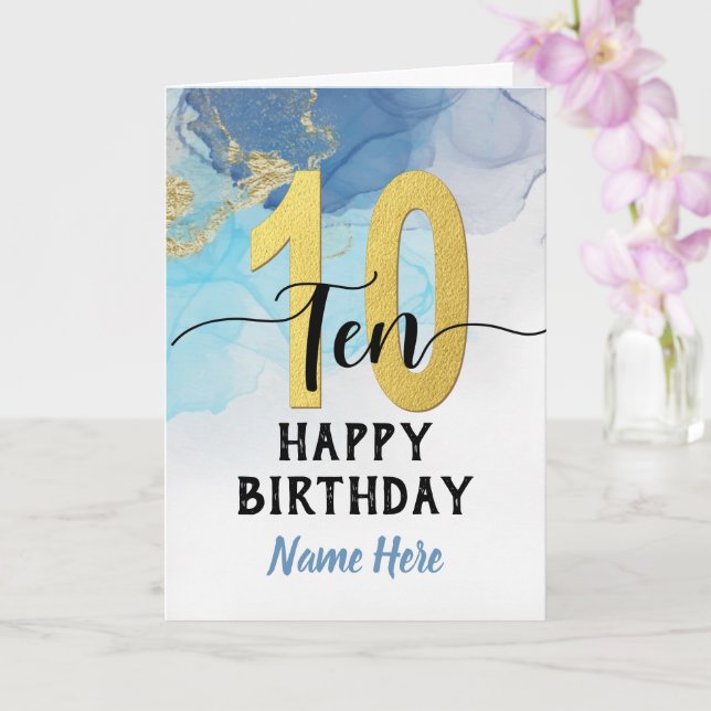 Carte Joyeux 10e anniversaire Aquarelle Bleu & or Garçon (Orchidée)