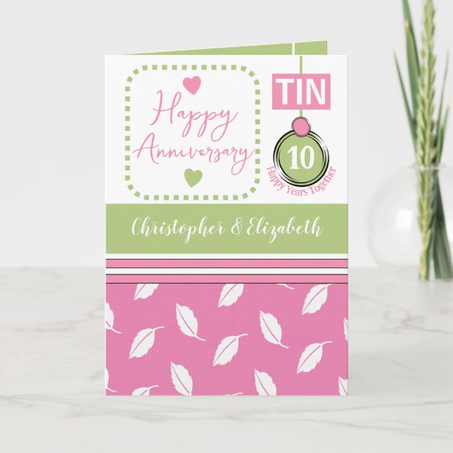 Carte Joyeux 10e anniversaire Tin ajouter des noms rose (Devant)