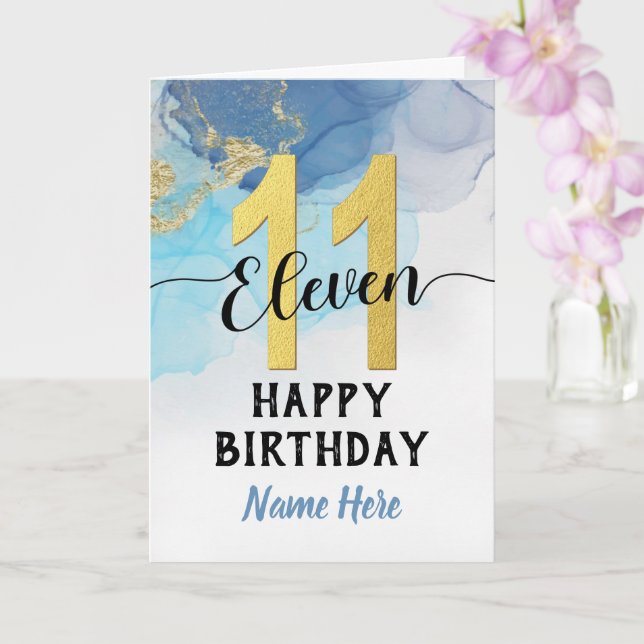 Carte Joyeux 11e anniversaire aquarelle Bleu et or Garço (Orchidée)