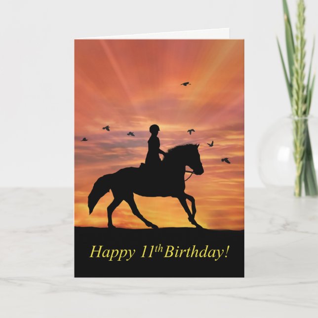 Carte Joyeux 11e anniversaire Cheval et cavalier (Devant)