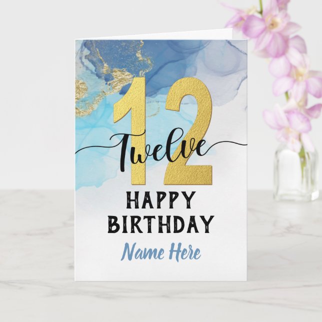 Carte Joyeux 12e anniversaire aquarelle Bleu et or Garço (Orchidée)