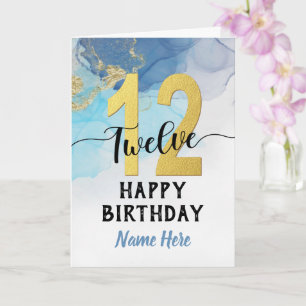Carte Joyeux 12e anniversaire aquarelle Bleu et or Garço