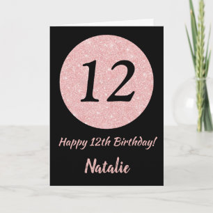 Carte Joyeux 12e anniversaire Noir et Rose Or rose