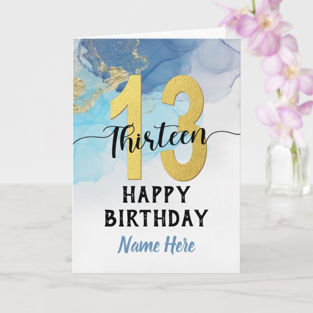 Carte Joyeux 13e anniversaire aquarelle Bleu et or Garço (Orchidée)