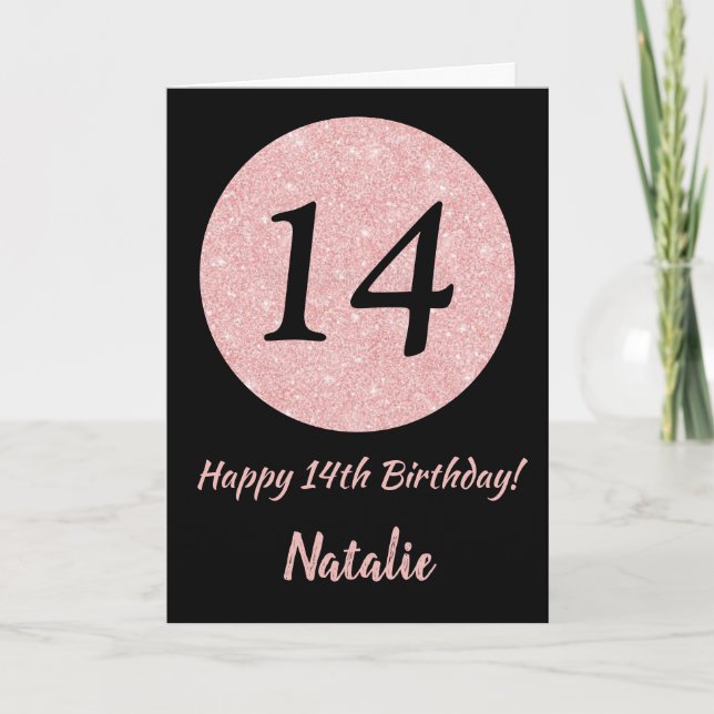 Carte Joyeux 14e anniversaire Noir et Rose Or rose (Devant)