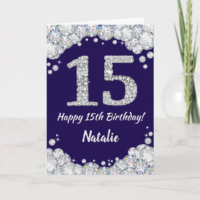 Carte Joyeux 15e anniversaire Marine Bleu et Parties sci (Devant)
