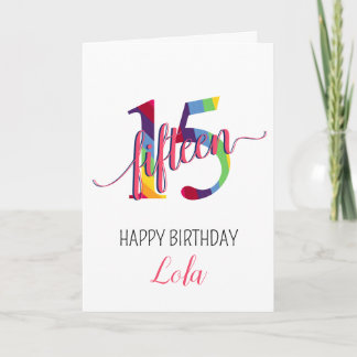 Carte Joyeux 15e anniversaire Rainbow girly