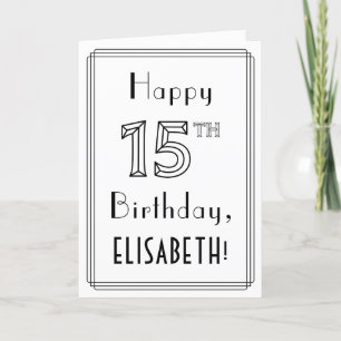 Carte Joyeux 15e anniversaire, style Art déco avec nom p
