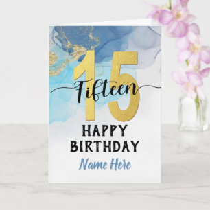 Carte Joyeux 15e anniversaire Watercolor Blue & gold Boy