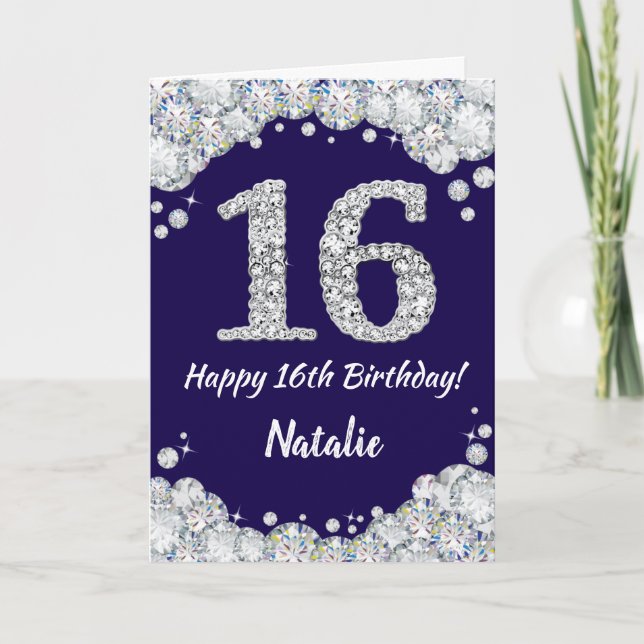 Carte Joyeux 16e anniversaire Marine Bleu et Parties sci (Devant)