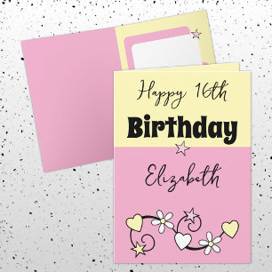 Carte Joyeux 16ème anniversaire nom rose jaune