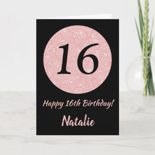 Carte Joyeux 16h Anniversaire Noir et Rose Or rose