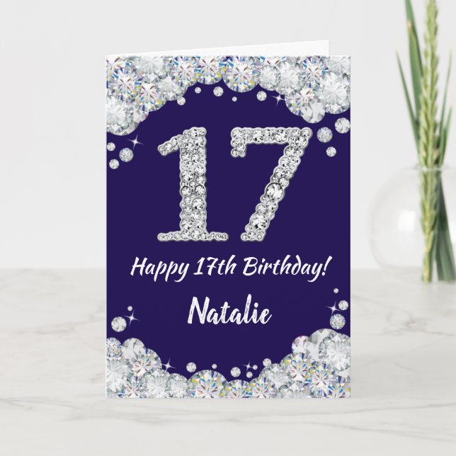 Carte Joyeux 17e anniversaire Marine Bleu et Parties sci (Devant)