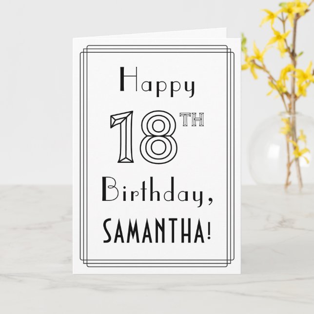 Carte Joyeux 18ème anniversaire, style Art Déco avec nom (Fleur jaune)