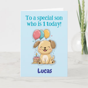 Carte Joyeux 1er anniversaire à un fils spécial, chiot, 