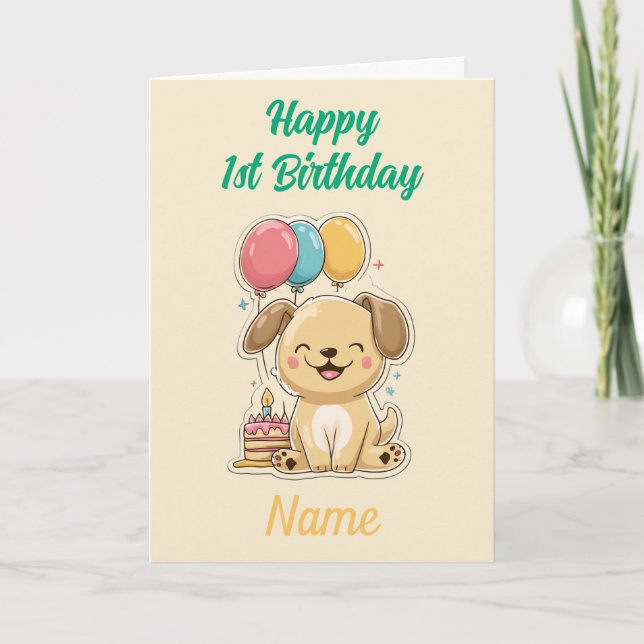 Carte Joyeux 1er Anniversaire, Chiot, Message Personnali (Devant)