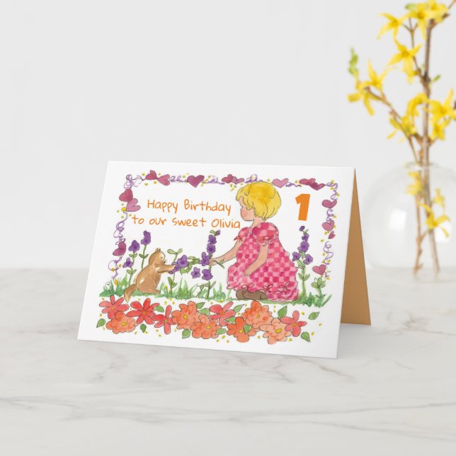 Carte Joyeux 1er anniversaire fille Blonde Hair Kitten (Fleur jaune)