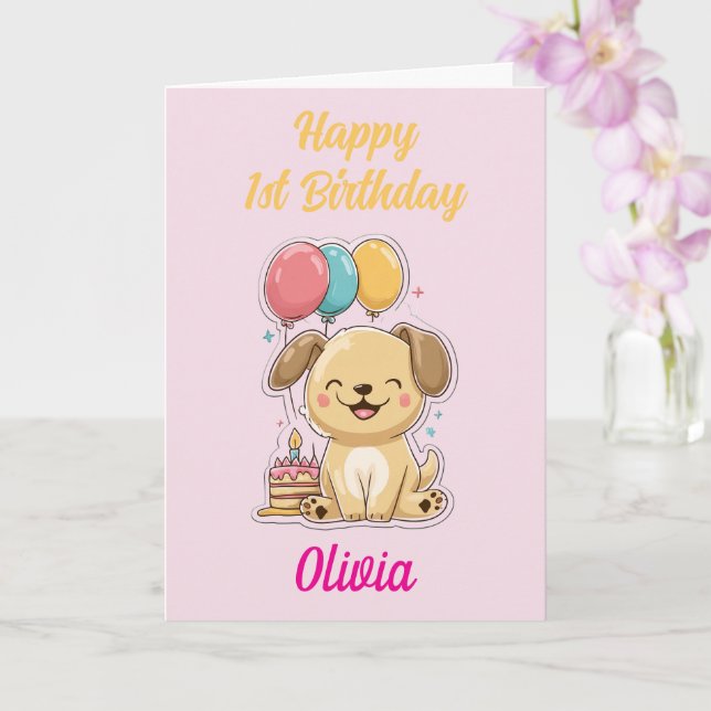 Carte Joyeux 1er Anniversaire, Fille, Joyeux Chiot, Pers (Orchidée)