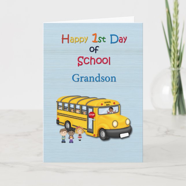 Carte Joyeux 1er jour d'école, grand-fils, autobus scola (Devant)